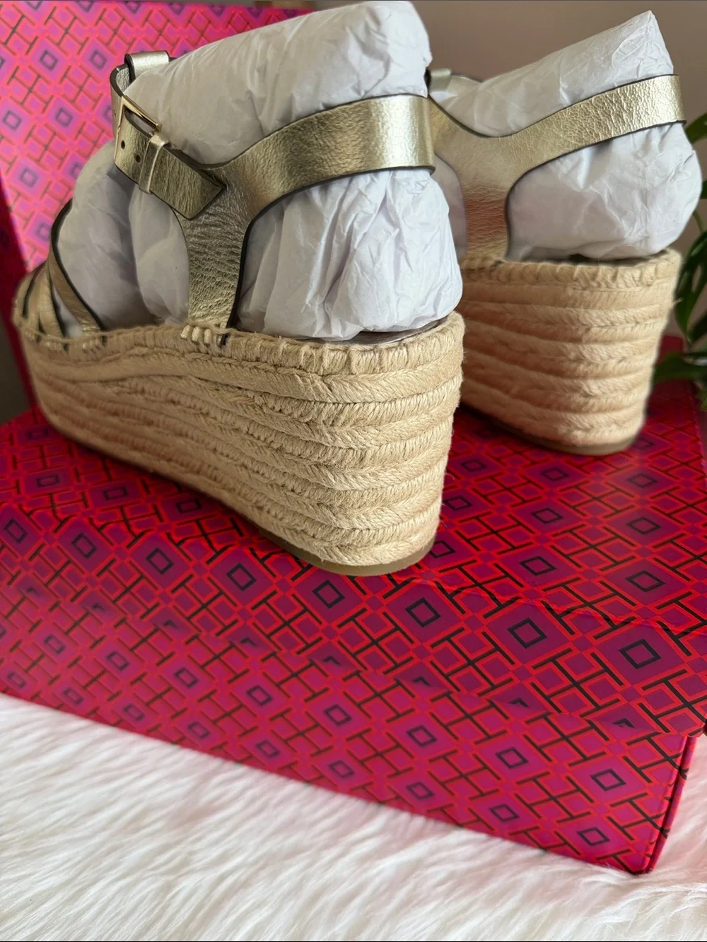Tory Burch Metallic Gold Leather Espadrille Wedge Sandals